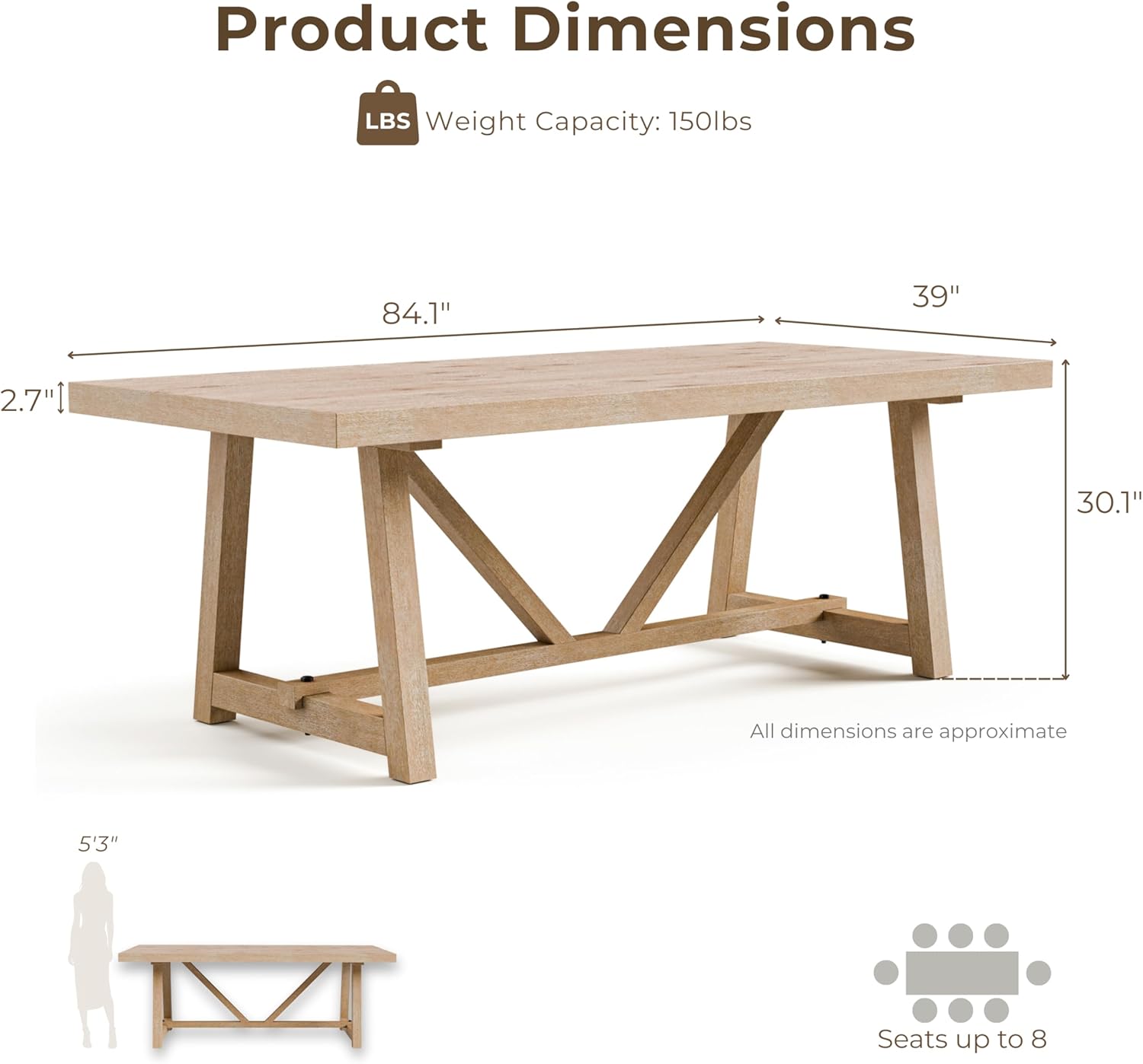 Furniture of America Wellen Farmhouse 84-Inch Rectangle Solid Wood Dining Table with Plank and Beam Base, Trestle Design, Seats Up to 8, for Kitchen, Home Office, Natural Oak