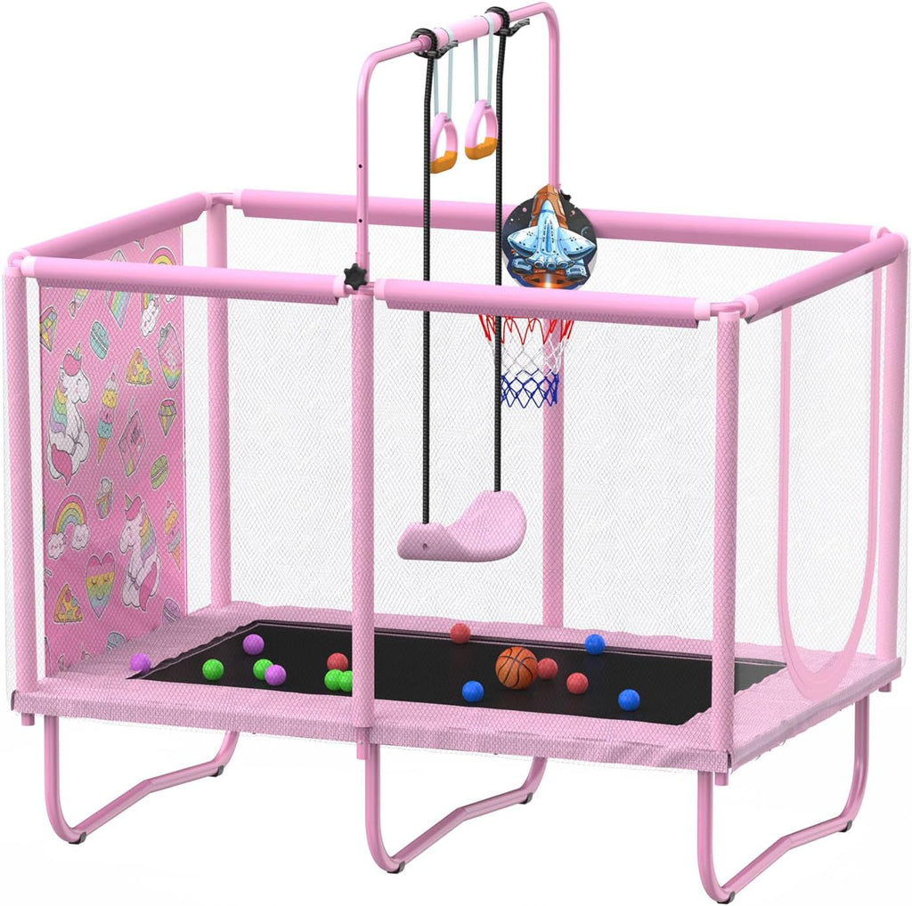 Mini Toddler Indoor Trampoline for Kids, Outdoor Toys Baby Kids Trampoline with Swing, Gymnastics Bar, Birthday Gifts for Boy Girl Age 1-8
