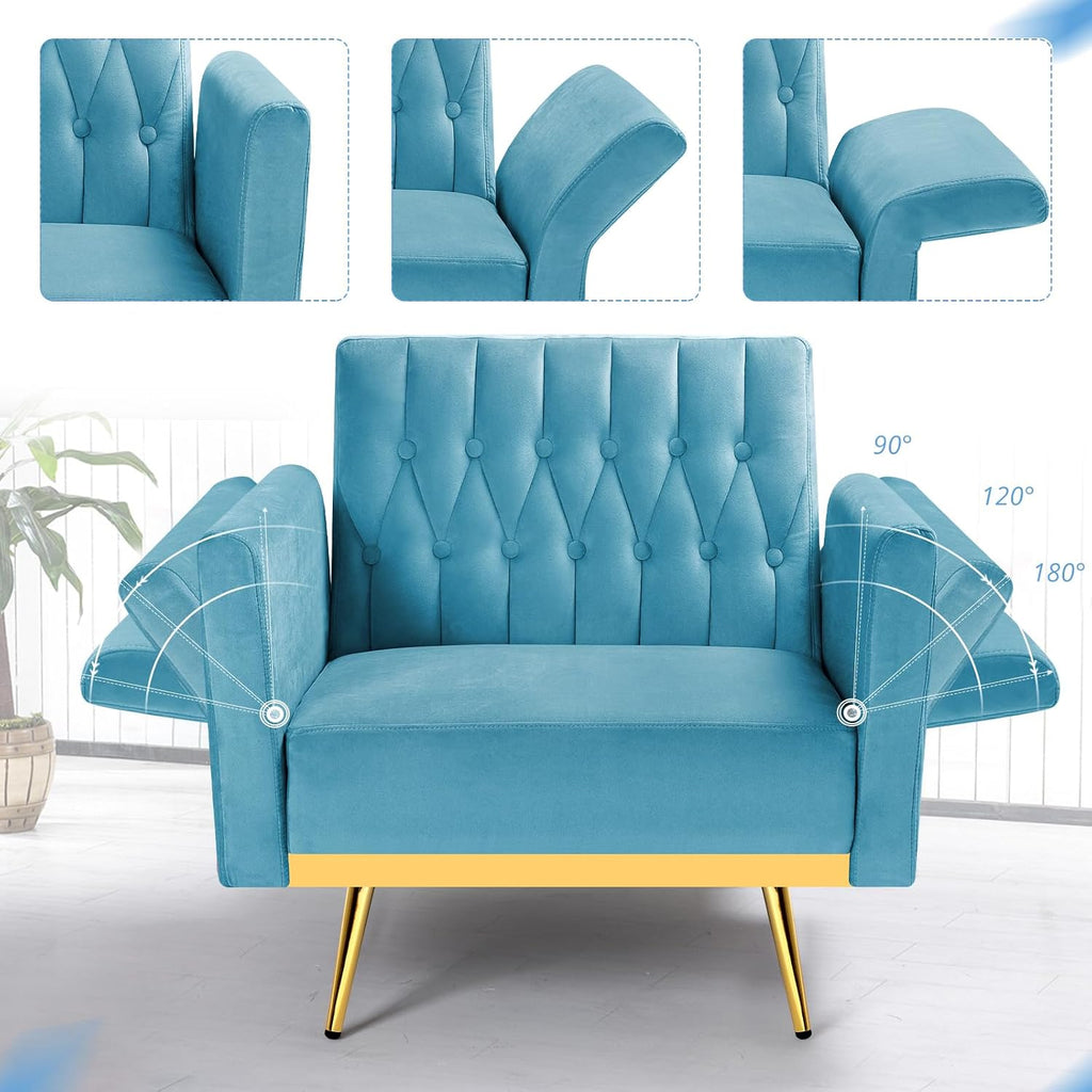 Velvet Accent Chair with Adjustable Armrests and Backrest, Button Tufted Lounge Chair, Single Recliner Armchair with Ottoman and Pillow for Living Room, Bedroom, Baby Blue