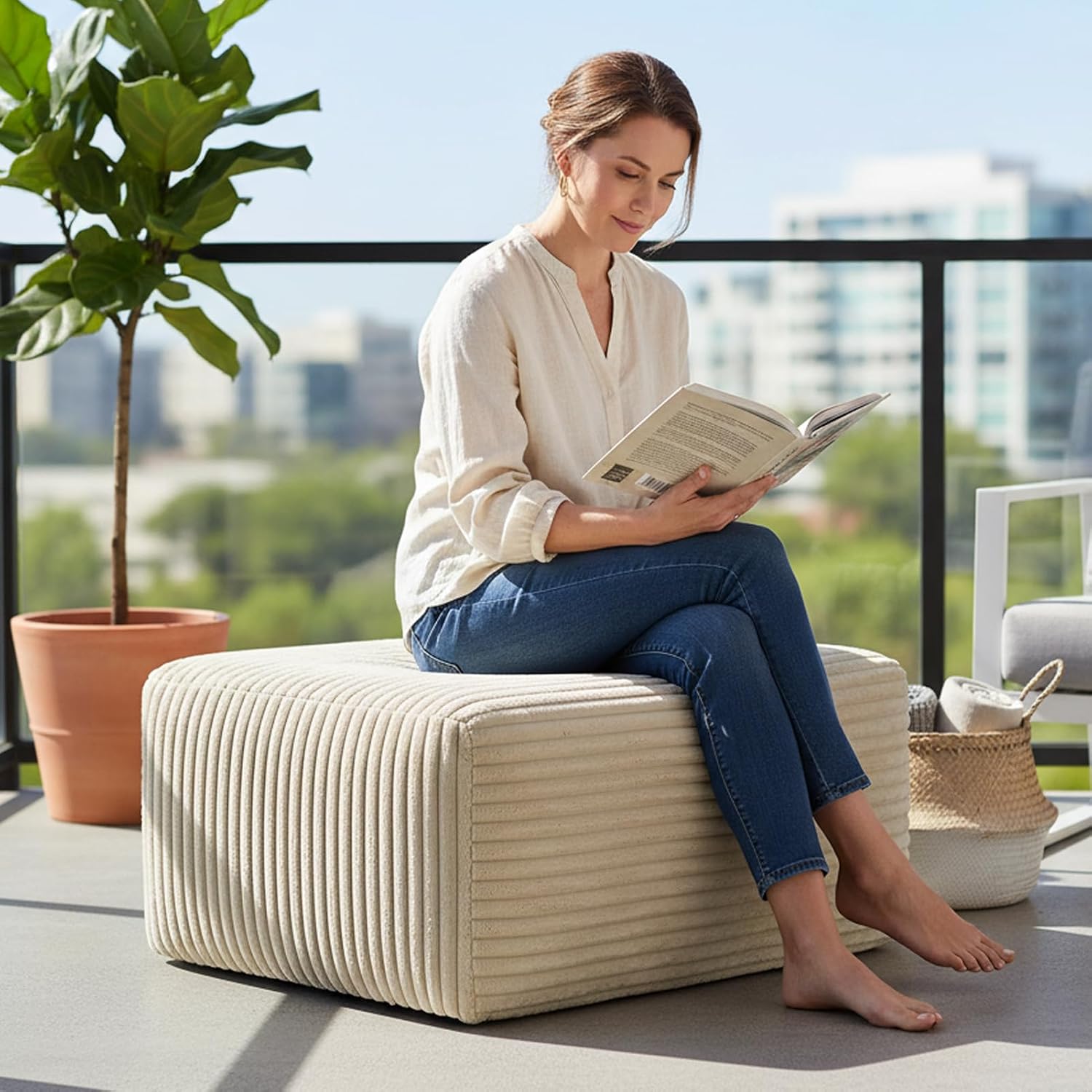 EVLIQUIL Large Ottoman Foot Rest 37' Beige, Sofa Couch Ottomon with Soft Long-Pile Fabric, High Resilience Foam & Spring Support, Ottoman for Living Room Extra Seating