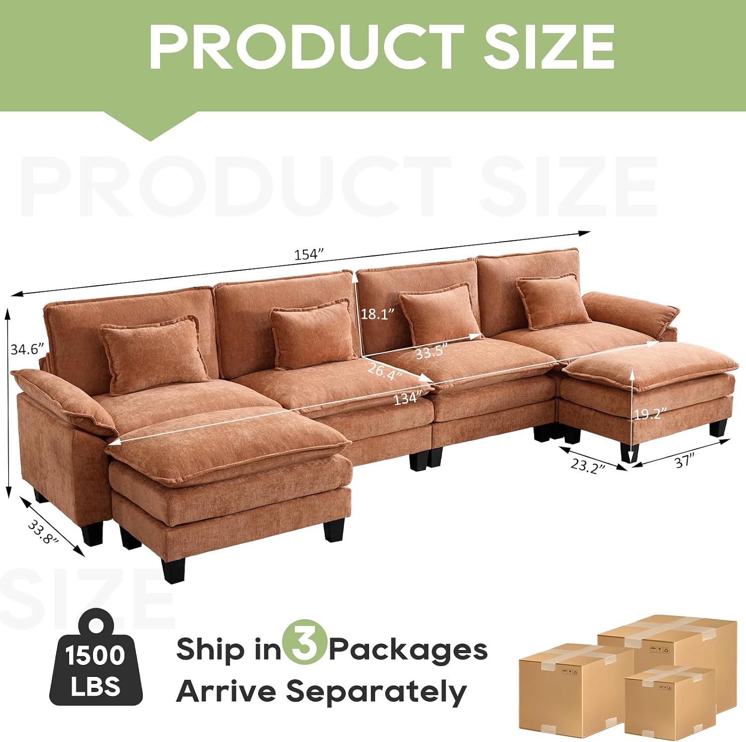 Oprisen 154' Modular Sectional Sofa, Comfy Cloud Couch Sectional Sofa with Ottoman, Chenille Sofa Sleeper Deep Seat Sofa with Throw Pillows for Living Room (Orange, 154'- U Shape)