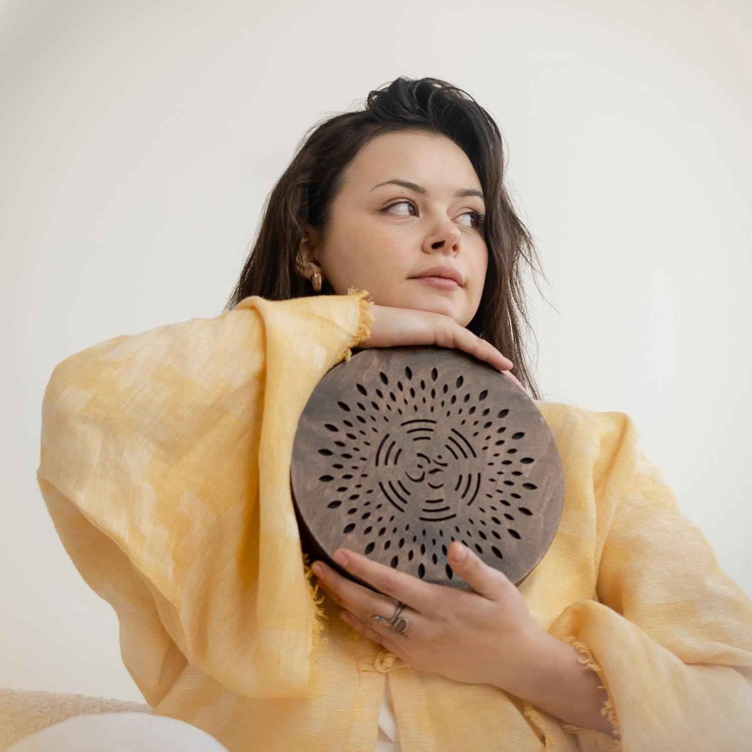 Rain-Fall Disc, 8.6 Inch (22 cm) Wooden Ocean Drum, Gentle Rain Sound for Sound Bath, Meditation & Sound Healing, AUM & Ganesha Design