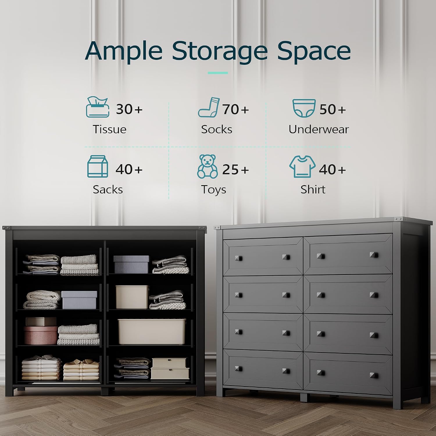 Dresser for Bedroom with 8 Drawers, Farmhouse Wood Chest of Drawers, Wide TV Stand Closet Storage Furniture with Metal Handle, Modern Clothes Organizer for Hallway, Living Room, Entryway, Black