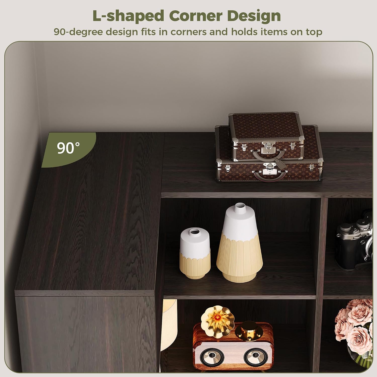 IRONCK Corner Bookshelf, 76' Tall Corner Bookshelves, 6 Tiers L-Shaped Bookcase with 10 Open Shelves and 2 Storage Drawers for Living Room or Home Office, Dark Brown