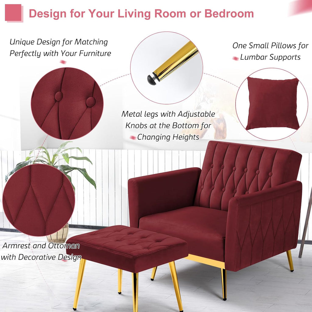 Velvet Accent Chair with Adjustable Armrests and Backrest, Button Tufted Lounge Chair, Single Recliner Armchair with Ottoman and Pillow for Living Room, Bedroom, Red