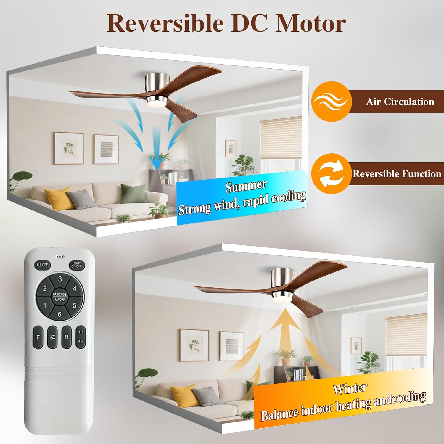 52' Wooden Flush Mount Ceiling Fans with Remote Control, Dimmable Low Profile Chandelier Fan with LED Light Modern Fandelier for Living Room Nickel Walnut