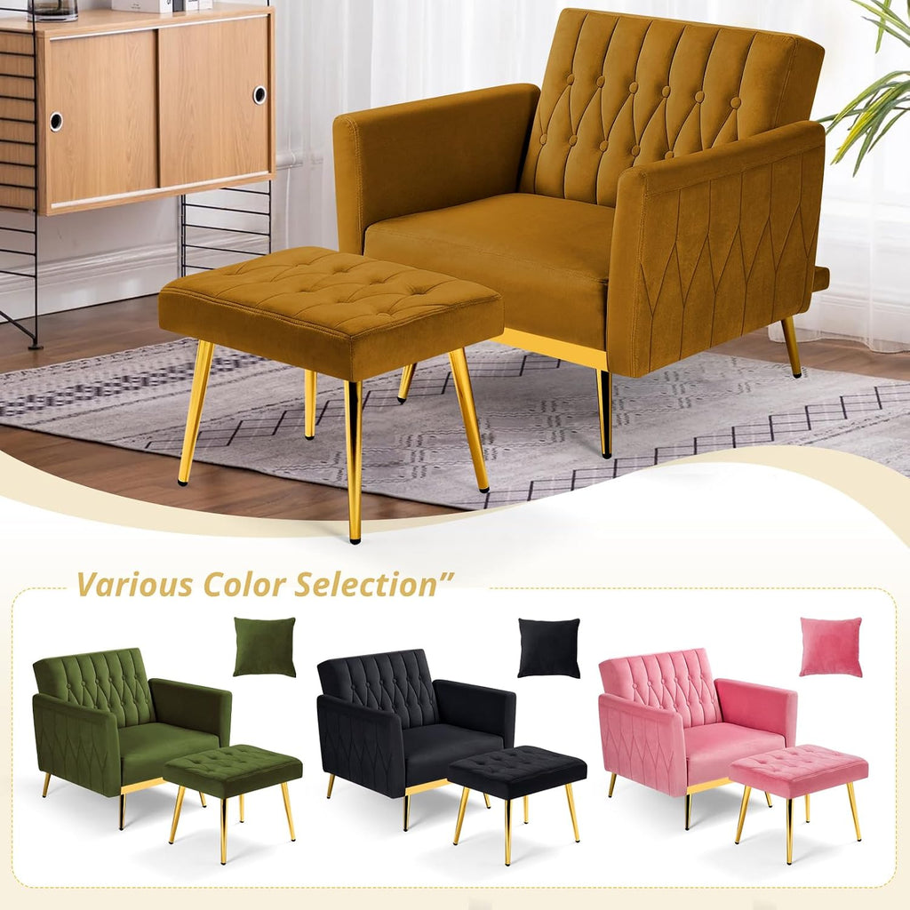 Velvet Accent Chair with Adjustable Armrests and Backrest, Button Tufted Lounge Chair, Single Recliner Armchair with Ottoman and Pillow for Living Room, Bedroom, Ginger