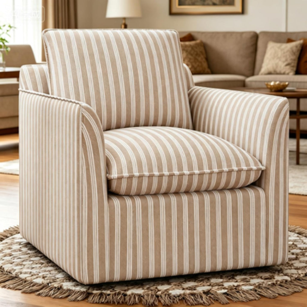 INZOY Swivel Accent Square Chair with Thick Padded Backrest Cushion, Swivel Reading Chair for Living Room Bedroom Small Spaces, Brown Stripe
