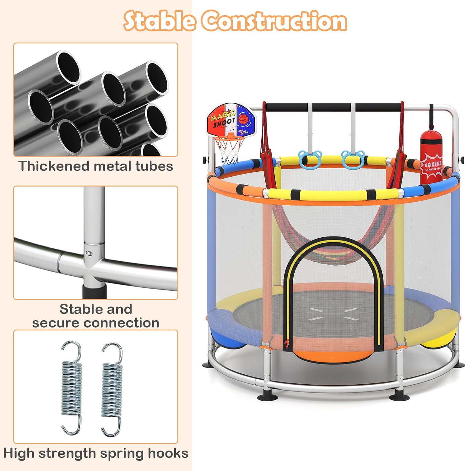 OLAKIDS 55' Trampoline for Kids, Indoor Outdoor Adjustable Toddler Trampoline with Safety Enclosure Net, Baby Recreational Trampolines with Basketball Hoop Hammock Boxing Bag Gymnastic Bar Rings