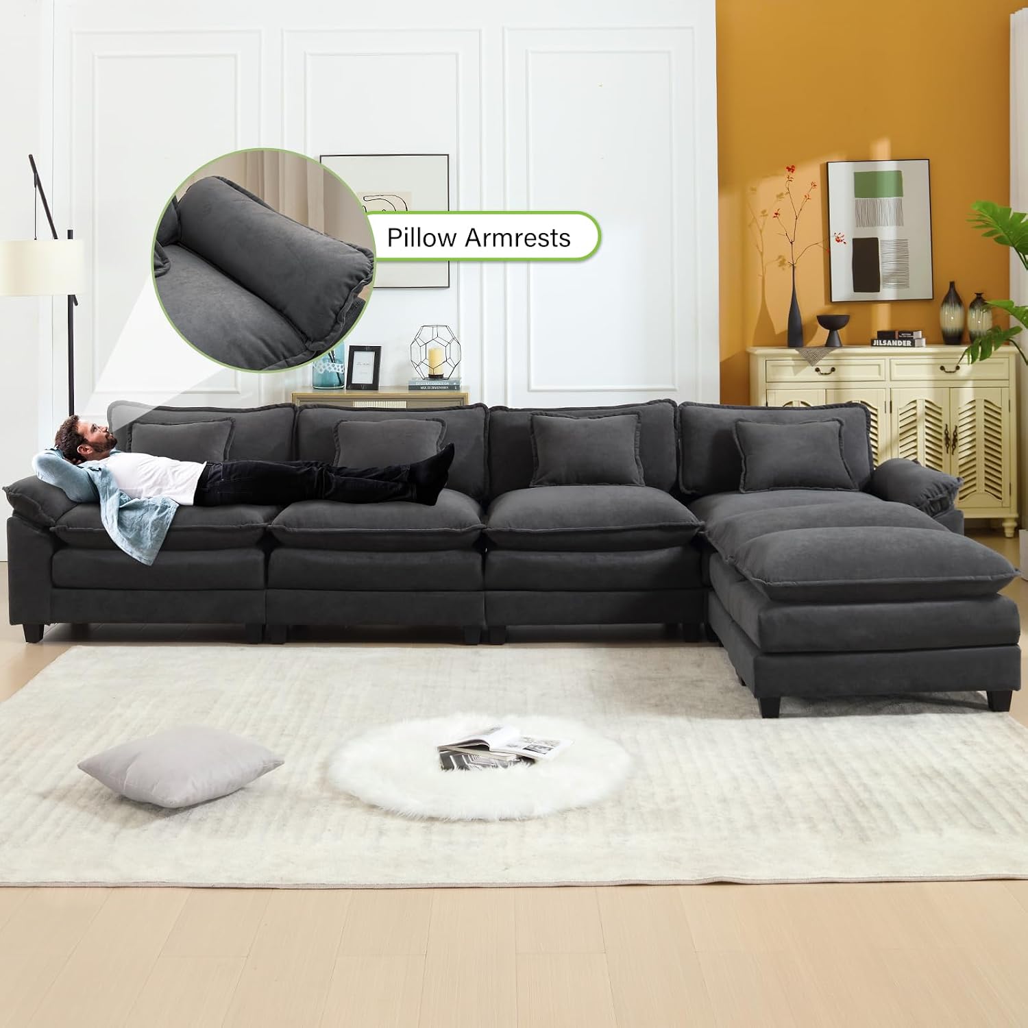Oprisen 154' Modular Sectional Sofa, Comfy Cloud Couch Sectional Sofa with Ottoman, Velvet Sofa Sleeper Deep Seat Sofa with Throw Pillows for Living Room (Blue Gray, 154'- U Shape)