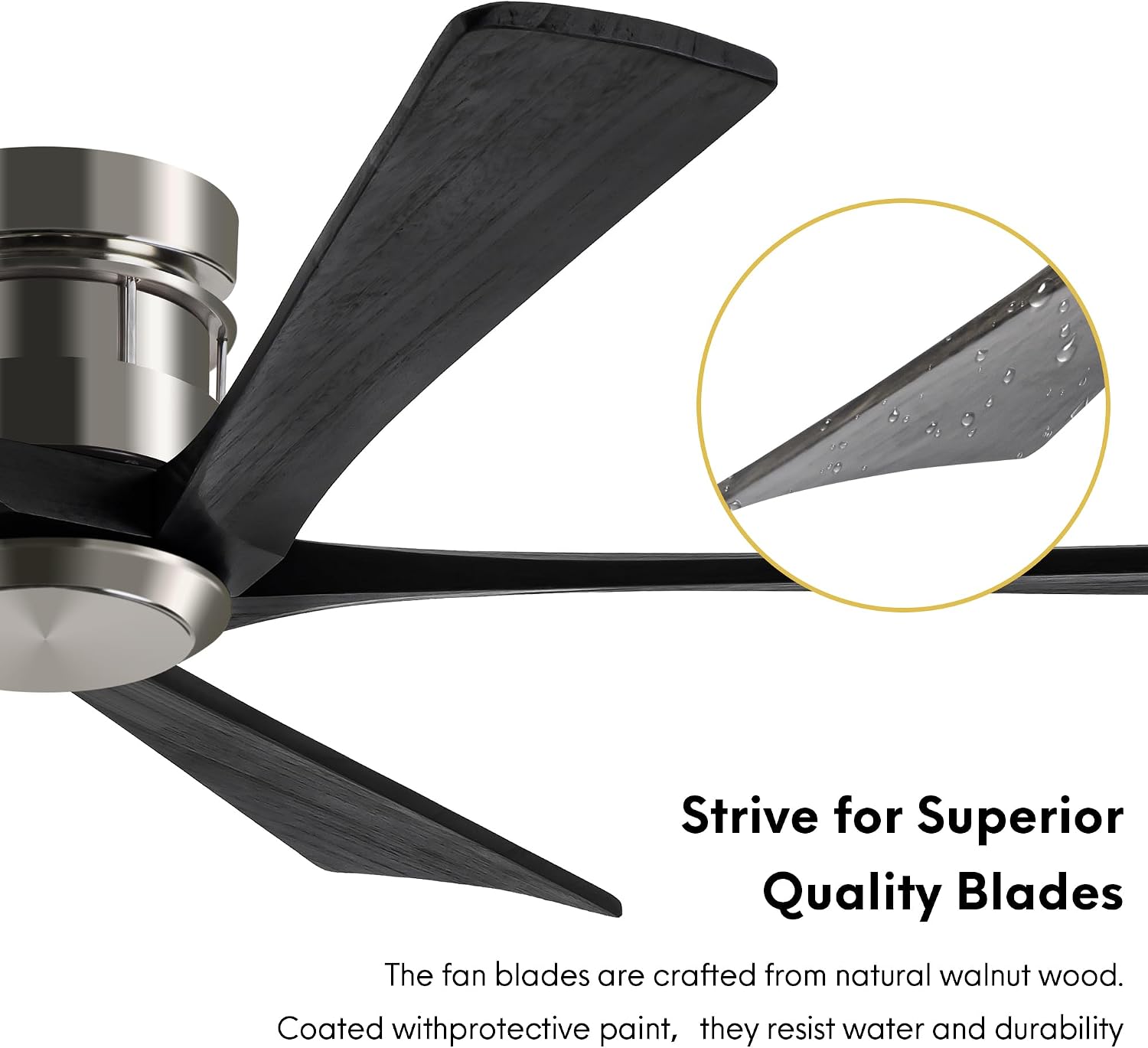EKIZNSN 72 Inch Brushed Nickel Flush Mount Ceiling Fans without Light for Patios, 110V Noiseless Reversible DC Motor, 6-Gear Speed (Nickel Finish with Black Blades)