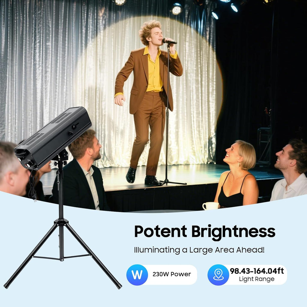 230W Professional Stage Spotlight with Adjustable Height Tripod Stand, 6 Colors 3 Color Temperatures 3200K-6000K, Adjustable Focus Follow Spot Light for Weddings, DJ, Theater & Event