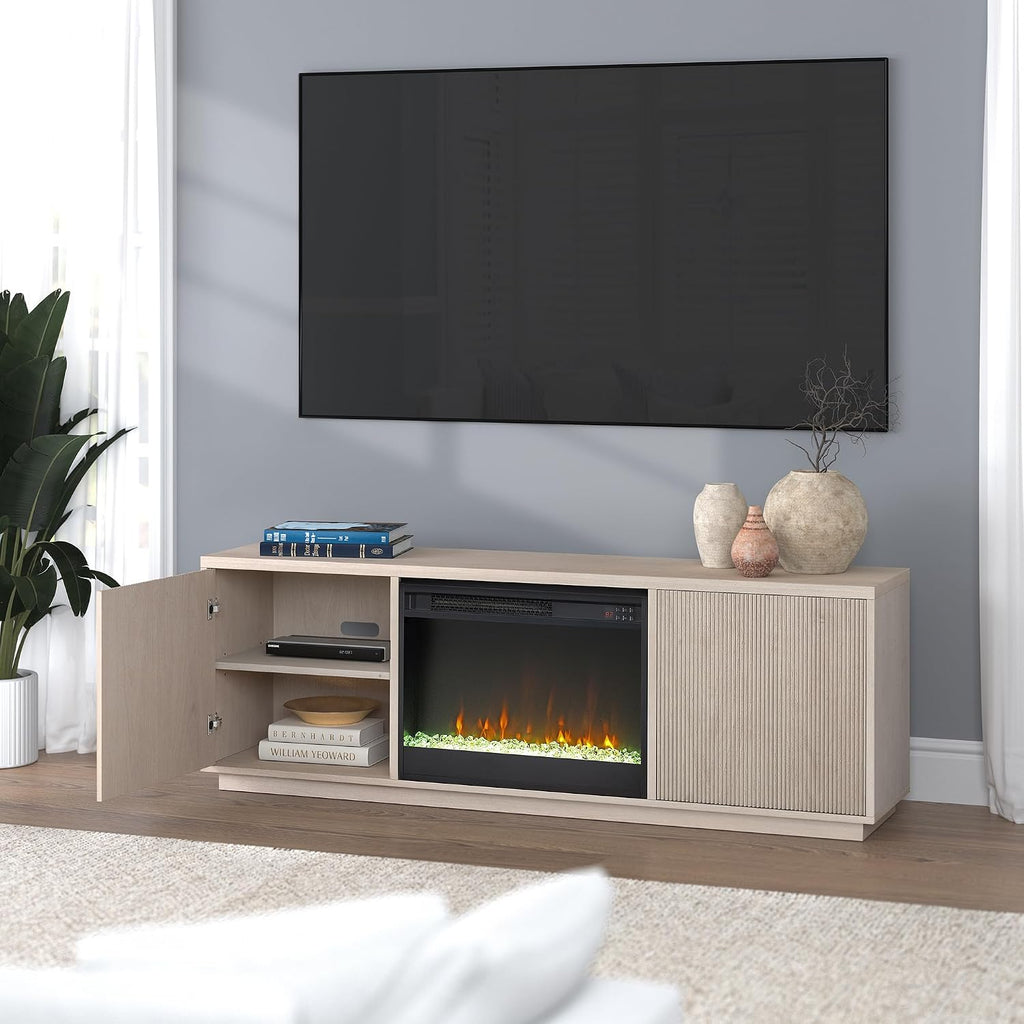 Henn&Hart Fluted TV Stand for TVs up to 75' with 26' Electric Crystal Rocks Fireplace and Ribbed Side Storage Cabinets for Living Room, Family Room, or Office, Beech White