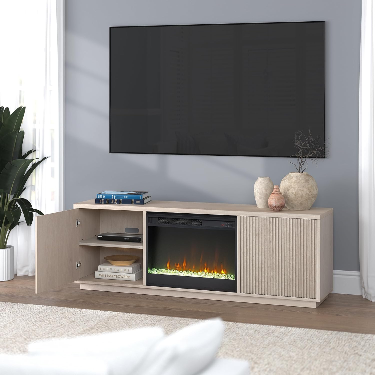 Henn&Hart Fluted TV Stand for TVs up to 75' with 26' Electric Crystal Rocks Fireplace and Ribbed Side Storage Cabinets for Living Room, Family Room, or Office, Beech White