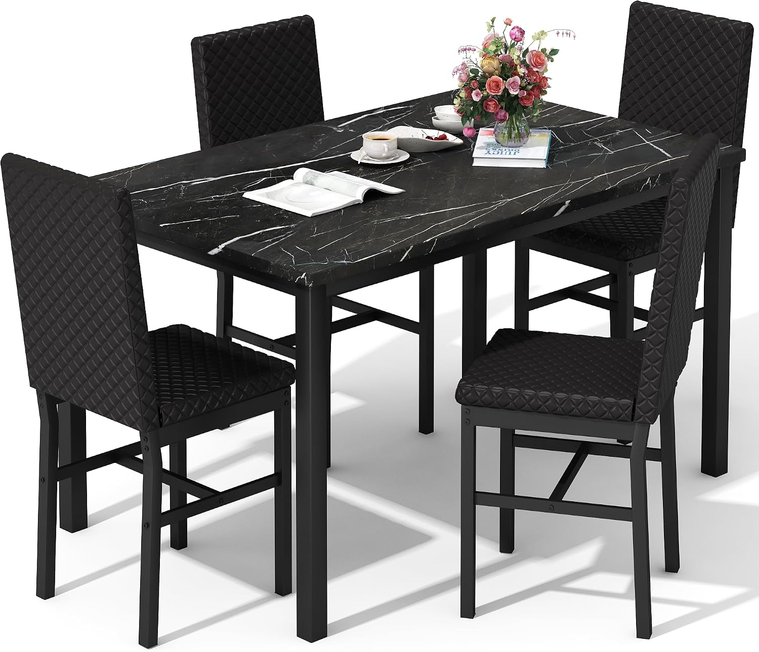 DKLGG Dining Table Set for 4, Faux Marble Kitchen Table with Velvet Upholstered Dinner Chairs, Small Dining Room Sets for Small Space Apartment Home
