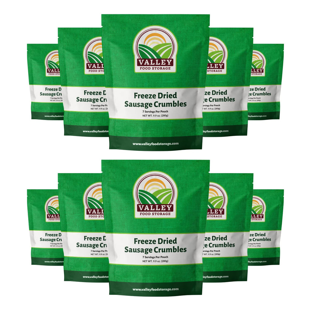 Valley Food Storage Freeze Dried Sausage Crumbles | 10-Bag Bucket, 85 oz | Premium Emergency Food Supply, 25 Year Shelf Life | Prepper Supplies, Survival Food, Camping & Off-Grid Living | Packaged in USA