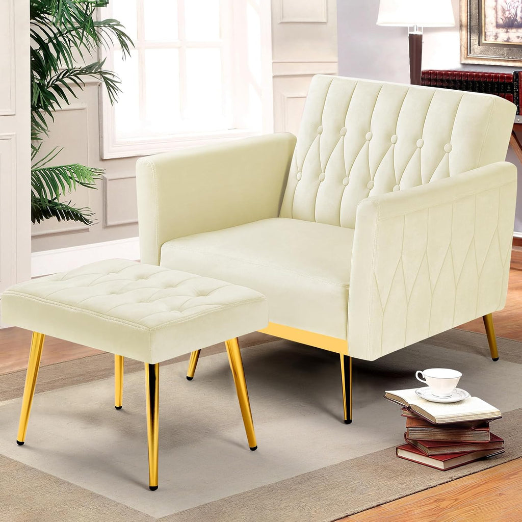 Velvet Accent Chair with Adjustable Armrests and Backrest, Button Tufted Lounge Chair, Single Recliner Armchair with Ottoman and Pillow for Living Room, Bedroom,Beige