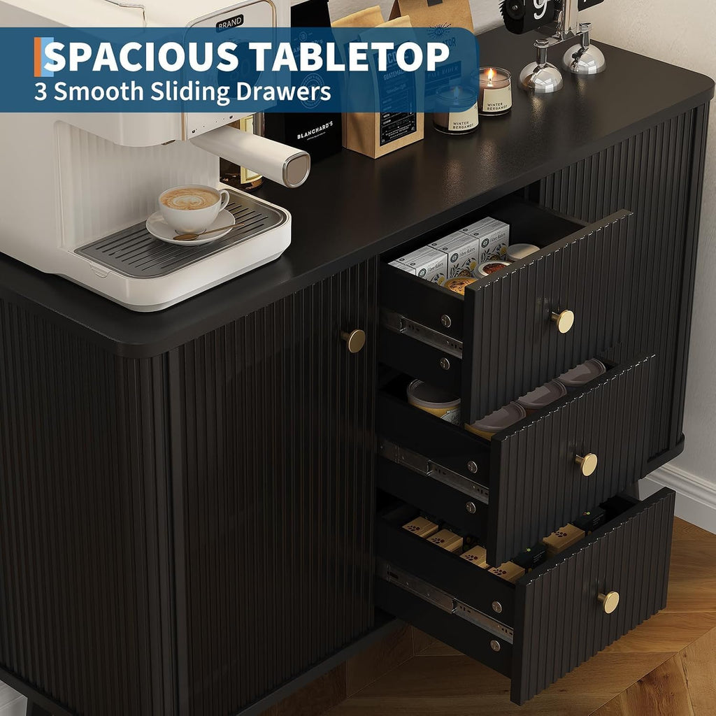 47.2' w Fluted Buffet Cabinet with 3 Drawers & 2 Adjustable Shelves, Storage Cabinet with 2 Door, Modern Mid Century TV Stand Coffee Bar Cabinets for Living Room, Kitchen, Entryway
