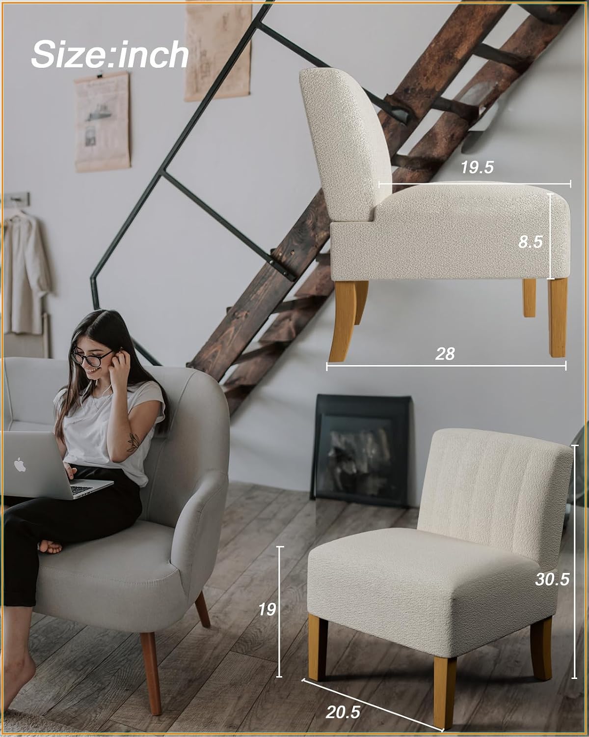 Armless Accent Chairs Set of 2 for Bedroom, Bedroom Chair for Bedroom Living Room Chair with Solid Wood Legs, Makeup Vanity Chair Fabric Comfy Upholstered Reading Chair Accent Chair,Beige
