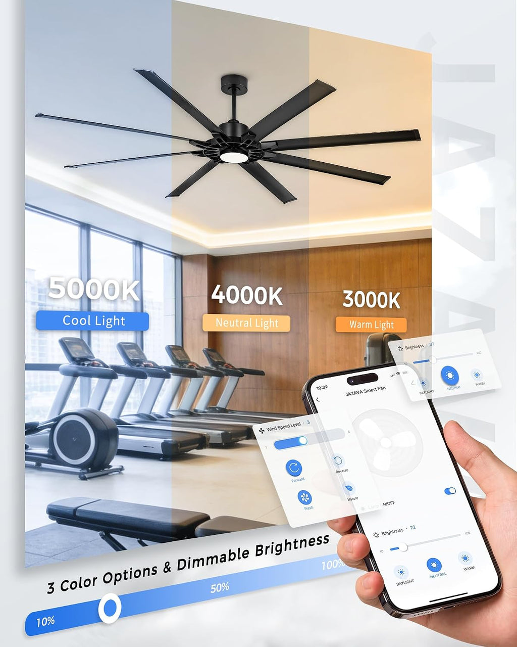 84 Inch Ceiling Fan With Light, Industrial Ceiling Fan With 8 Aluminium Metal Blades, Smart Fan Compatible with Alexa, Garage Indoor Fan For Living Room and Patio, ZCCF05ABK-84