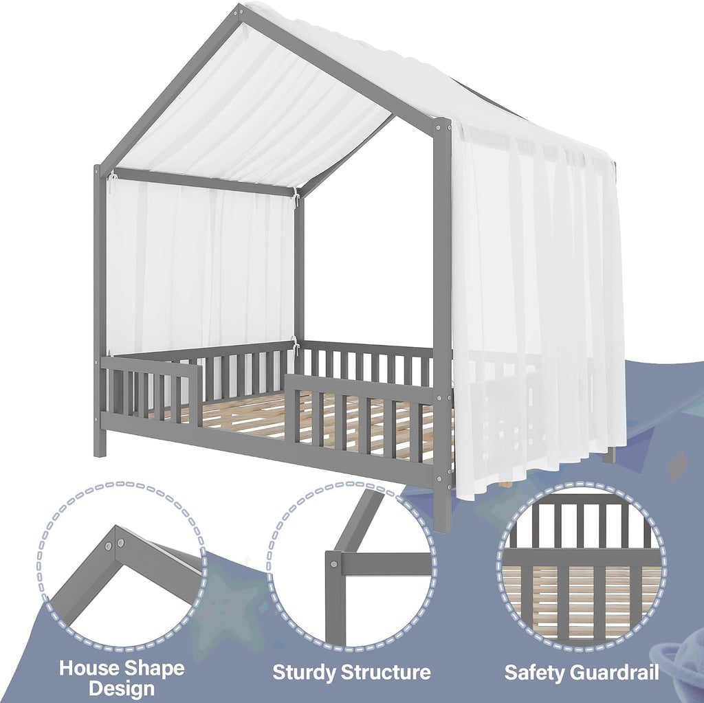 Bellemave Full House BedFrame with Canopy, Montessori Floor Bed, House Bed with Rails for Kids, Gray