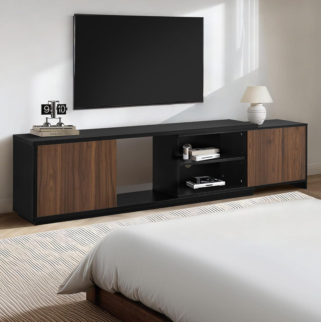KISLOT Extendable TV Stand for TVs up to 90',Modern Entertainment Center with Adjustable Shelf,Television Stand with 2 Storage Cabinets,Wooden TV Media Console for Living Room Bedroom Black