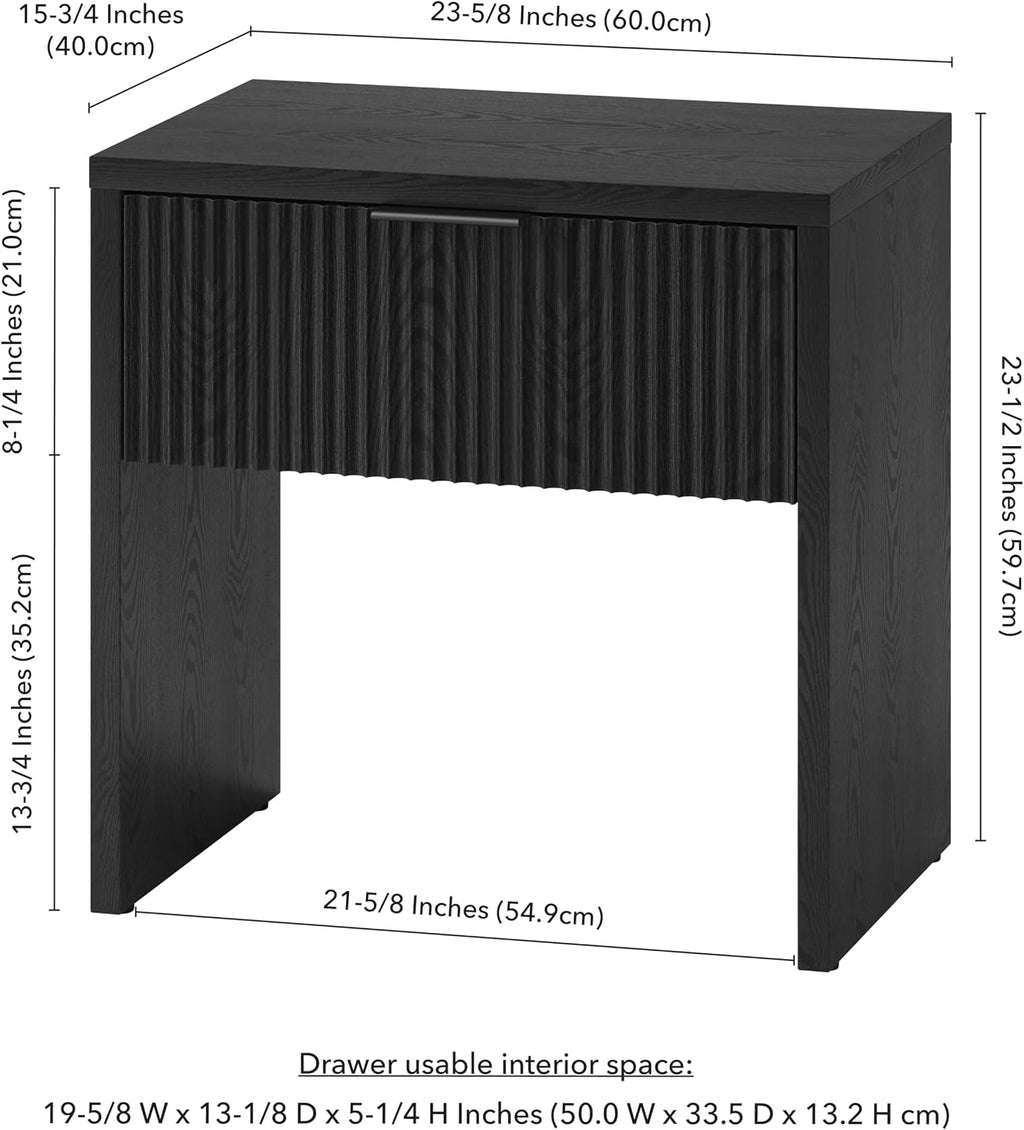 Henn&Hart 24' Fluted Modern Wooden Nightstand, Ribbed Side Table with Storage Drawer and Open Storage Space for Bedroom, Living Room, or Home Office, Natural Black