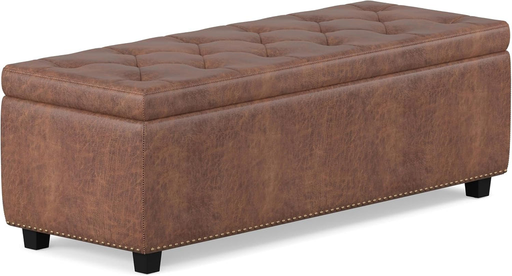 SIMPLIHOME Hamilton Storage Ottoman - 48 inch Wide Upholstered Vegan Leather Rectangle Storage Ottoman Bench in Distressed Umber Brown, Traditional Tufted Ottoman for Living Room with Lift-Up Lid