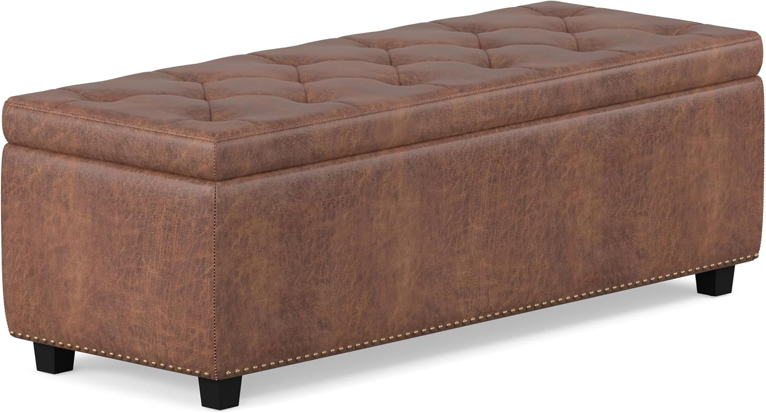 SIMPLIHOME Hamilton Storage Ottoman - 48 inch Wide Upholstered Vegan Leather Rectangle Storage Ottoman Bench in Distressed Umber Brown, Traditional Tufted Ottoman for Living Room with Lift-Up Lid