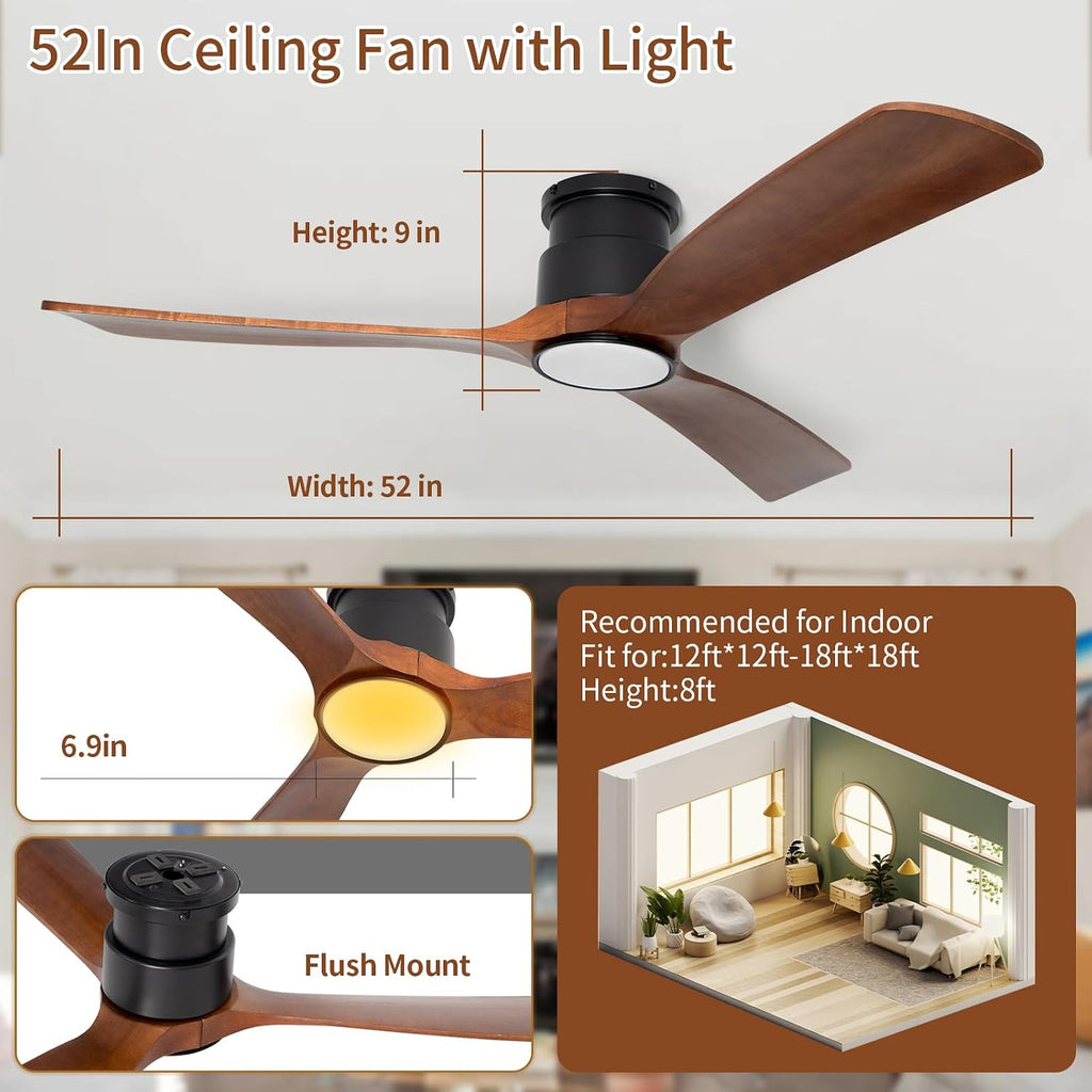 52inches Ceiling Fan with Lights,Wooden Flush Mount Ceiling Fans with Remote Control,Dimmable Light,3 CCT,6 Speeds,Noiseless DC Motor,Ceiling Fan for Bedroom,Living Room,Office,Indoor,Dark Brown
