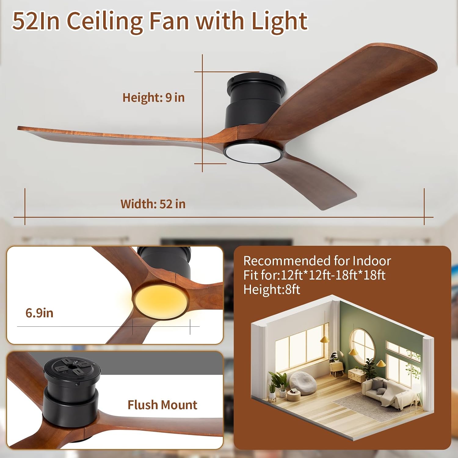 52inches Ceiling Fan with Lights,Wooden Flush Mount Ceiling Fans with Remote Control,Dimmable Light,3 CCT,6 Speeds,Noiseless DC Motor,Ceiling Fan for Bedroom,Living Room,Office,Indoor,Dark Brown