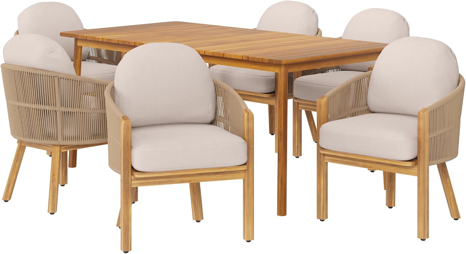 Christopher Knight Home Kclent Outdoor Acacia Wood Dining Set for 6, Patio Table & Chairs with Angled Rope Arm, Removable Cushions, 7 Piece Patio Dinner Set for Backyard Deck, Teak+ Beige