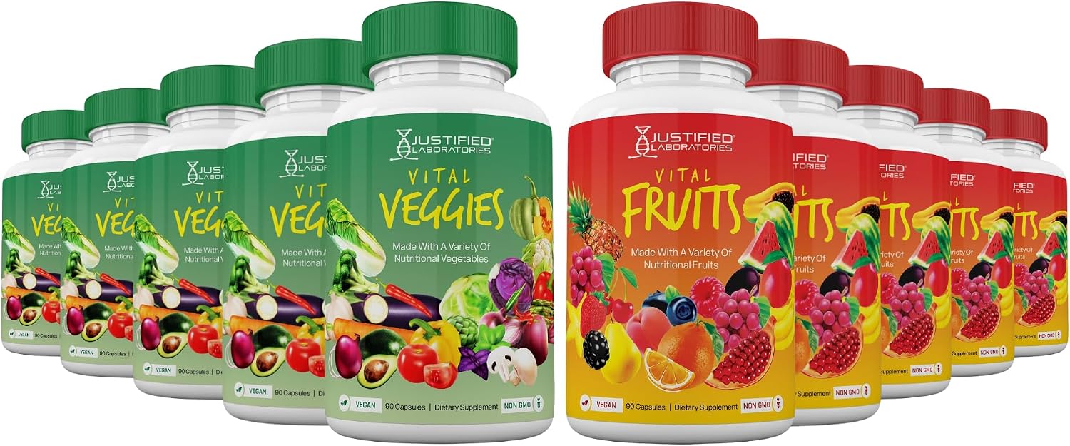 Justified Laboratories Superfoods Set - Includes Vital Fruits (90 Capsules, Pack of 5) + Vital Veggies (90 Capsules, Pack of 5) - Non-GMO, Vegan - 30 Servings per Bottle