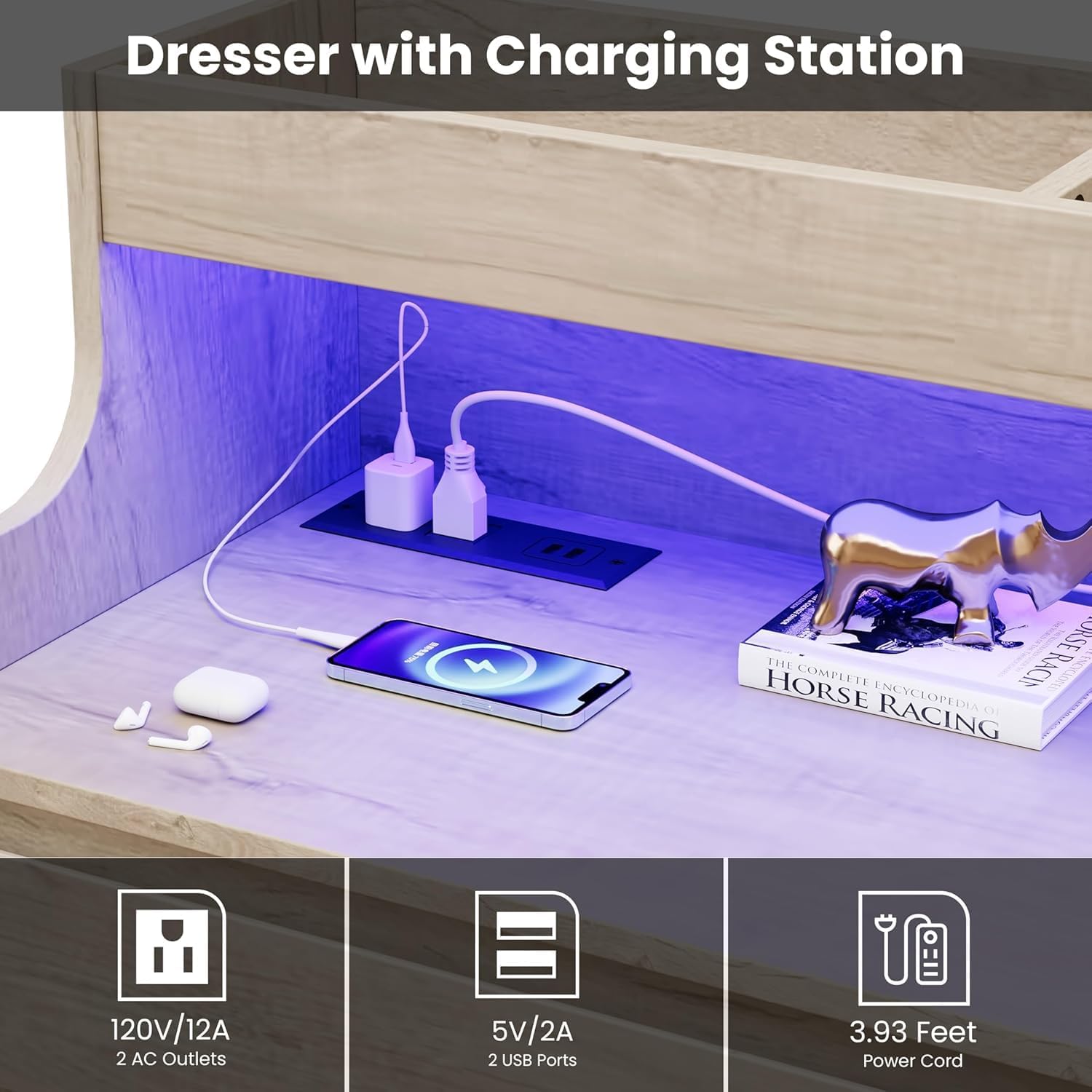 Garvee LED Dresser with Charging Station - Modern 5-Drawer 47' Wide Wooden Chest, Storage Organizer for Bedroom, Nursery, Hallway & Apartments