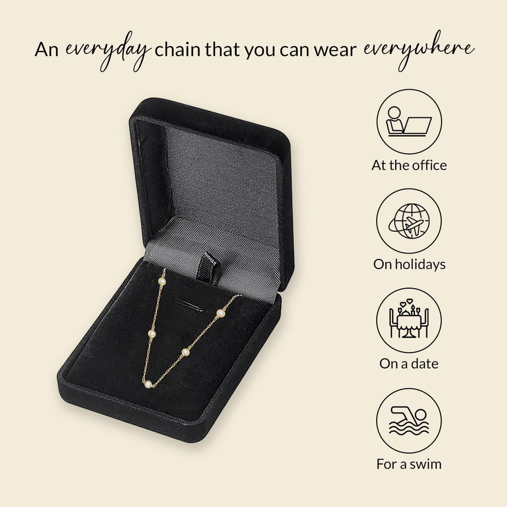Everyday Elegance 14K White & Yellow Gold Cubic Zirconia Station Cable Chain Necklace for Women | 18' Cable Chain with Spring Ring Clasp | 2 MM, 3.5MM & 4 MM Round CZ Stones | With Jewelry Gift Box