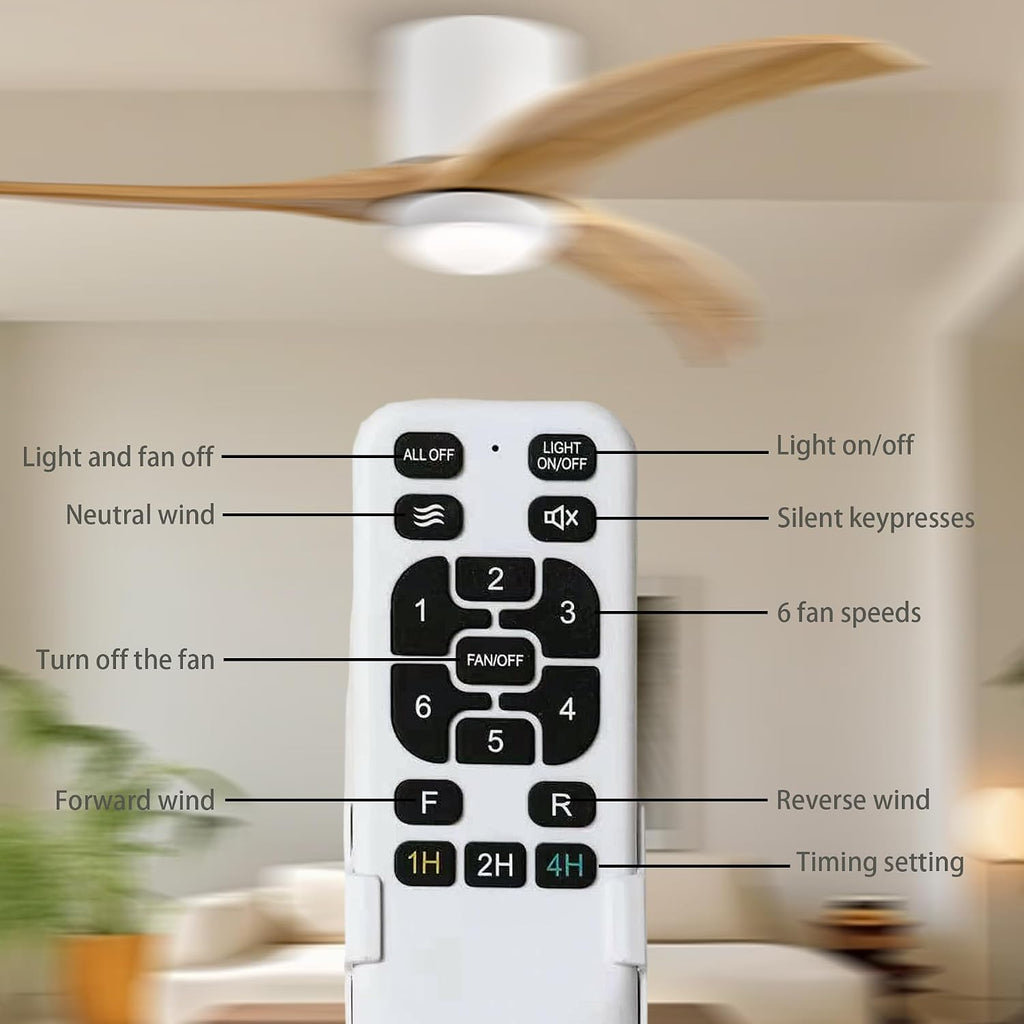 52'' Modern Dimmable Fandelier with Light and Remote, Low Profile Flush Mount Ceiling Fan Wooden Chandelier Fan Reversible DC Motor Ceiling Fans for Bedroom Living Room (White)