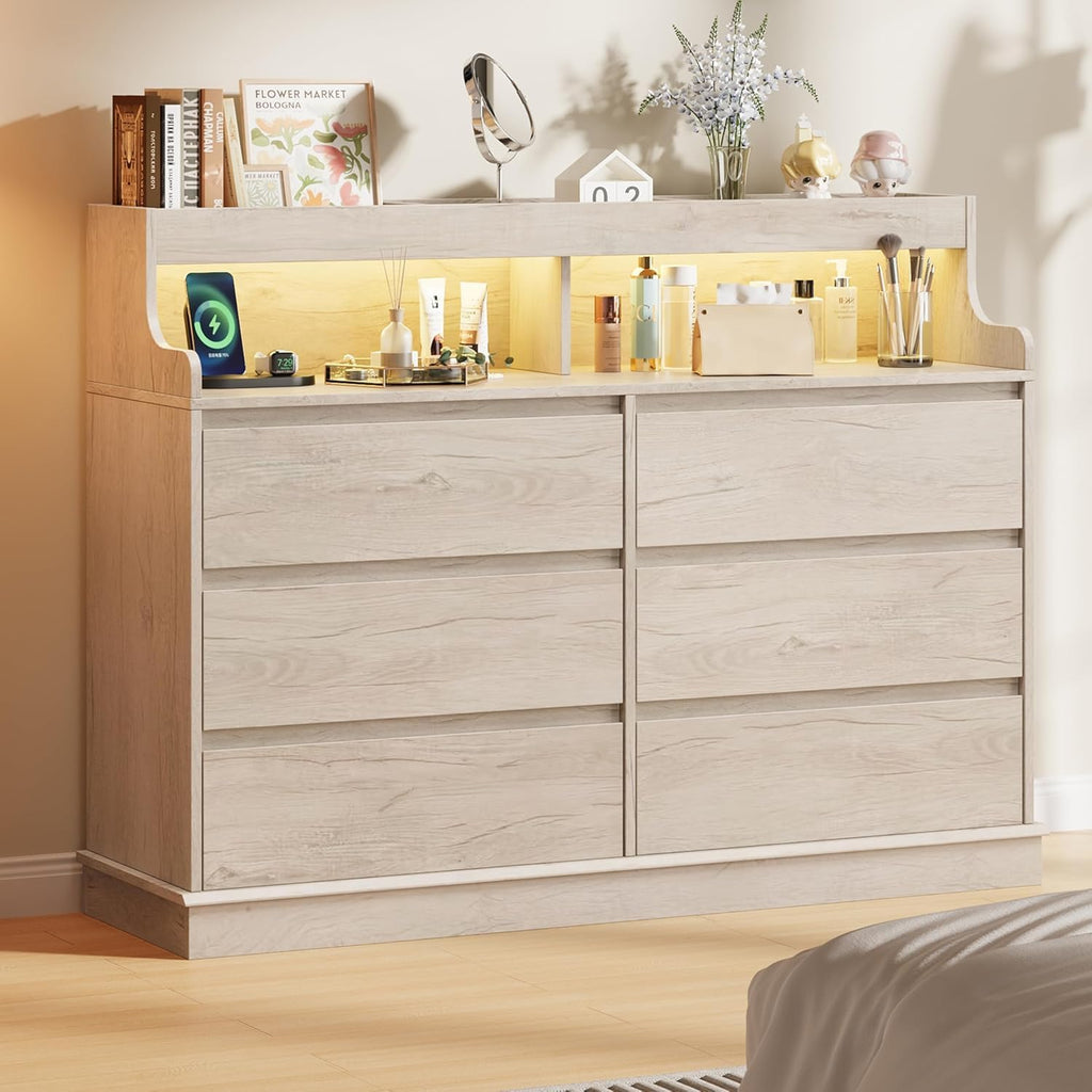 Garvee LED Dresser with Charging Station - Modern 5-Drawer 47' Wide Wooden Chest, Storage Organizer for Bedroom, Nursery, Hallway & Apartments