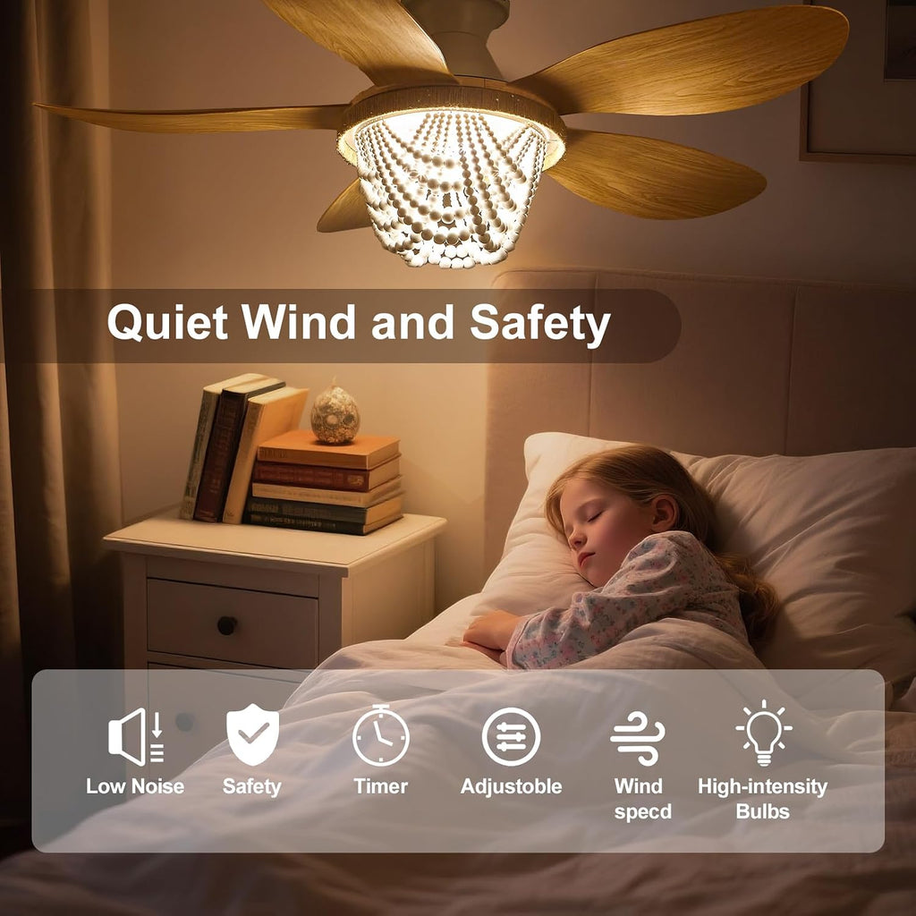 Boho Ceiling Fans with Lights and Remote, Wood Beaded 52 inch Ceiling Fan with Light,6 Speed Reversible Motor LED Flush Mount Ceiling Fans, Ceiling Fan Light for Bedroom Living Room(Wood Blades)