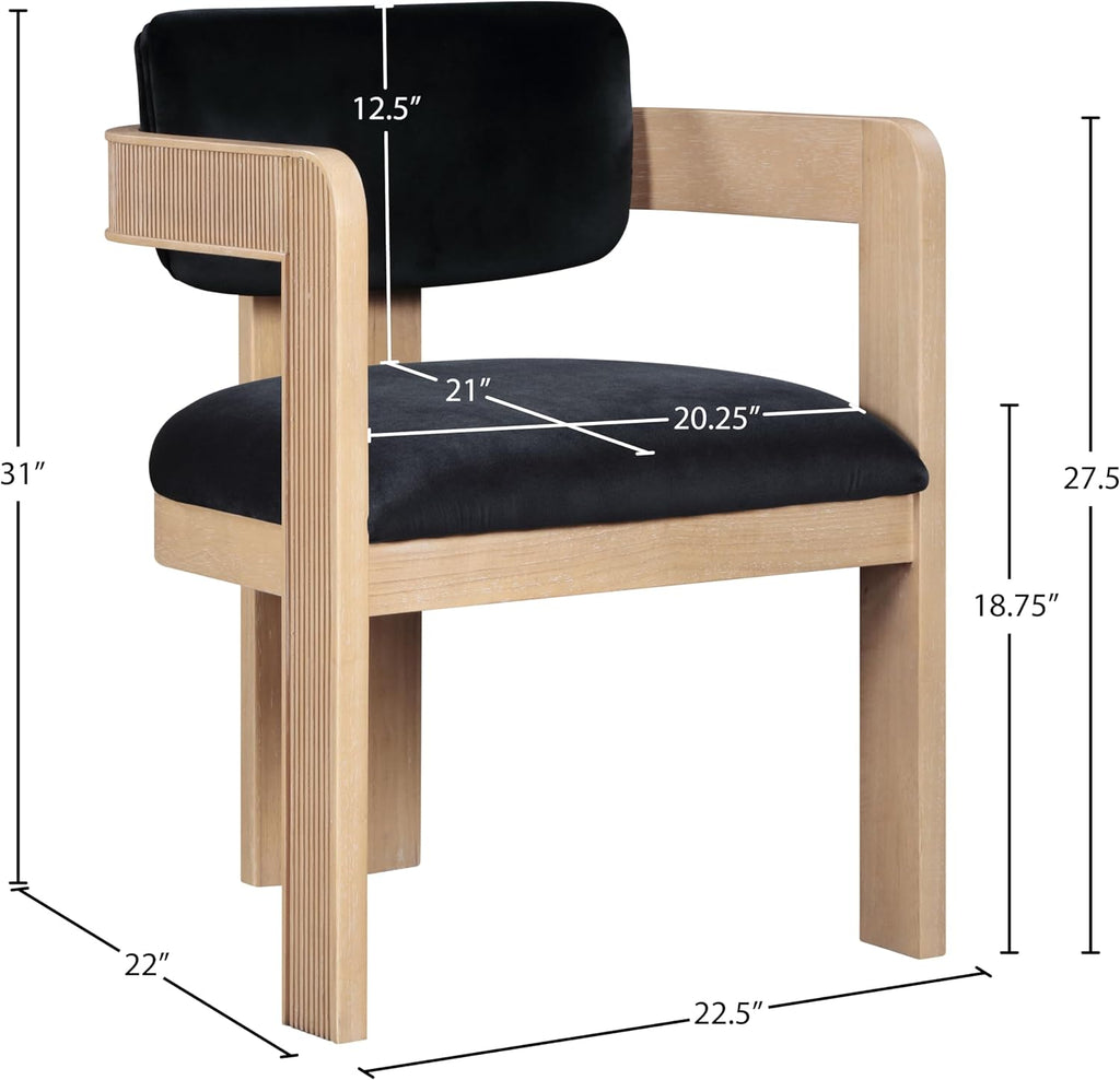 Meridian Furniture Sacha Collection Art Deco Dining Chair, Solid Fluted Wood, 22.5' W x 22' D x 31' H, Set of 2 (Black, Natural Finish, Velvet)