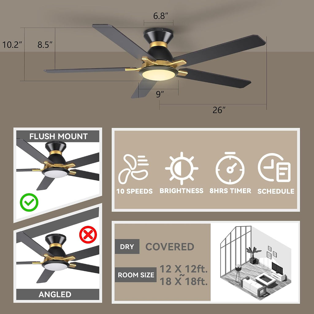 SMAAIR Smart Ceiling Fans with Lights, 52 Inch Low Profile Ceiling Fan with Remote/App/Voice Control via Alexa/Google Assistant/Siri, Flush Mount Modern Ceiling Fans for Bedroom, Reversible,Black/Gold
