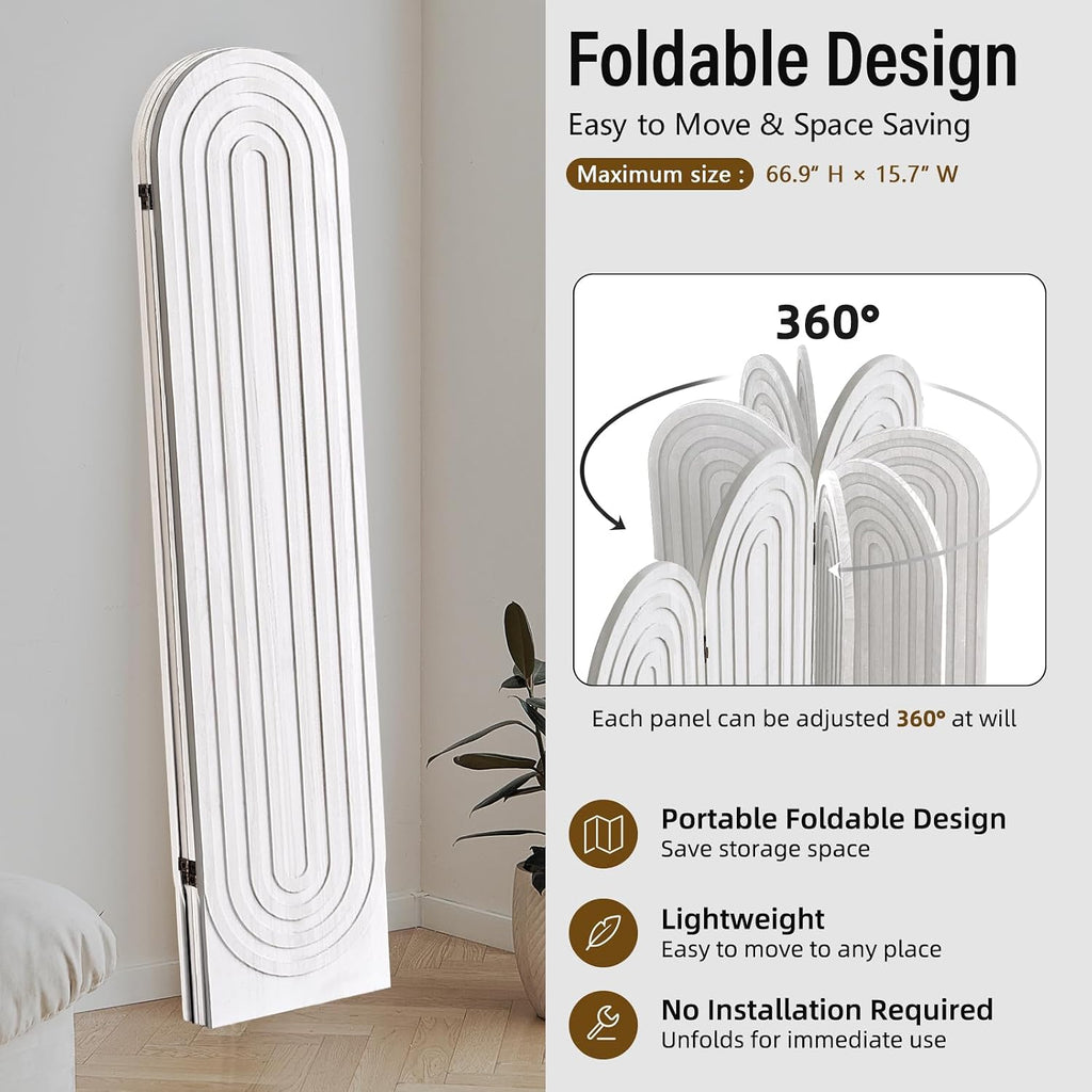 Room Divider and Folding Privacy Screen 4 Panel Wood Arched Room Divider Wall, Separators Divider for Room Separation, Folding Portable Partition Screen for Home Office Bedroom (White)