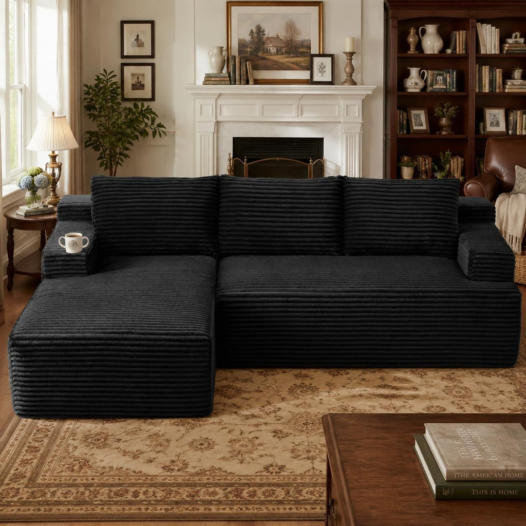 96' Corduroy Sectional Sofa Boneless Couches for Living Room - L Shaped Compressed Cloud Couch with Left Facing Chaise Lounge and Side Pockets