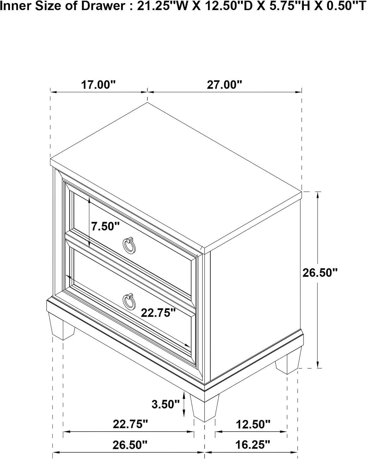 Coaster Home Furnishings - Pembroke - Wood - 2-Drawer Nightstand with Ring Pulls, Stepped Trim, Cable Access and Wood Grain Detail - Bedroom - Washed Oak - 215922