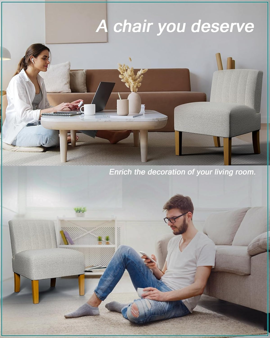 Armless Accent Chairs Set of 2 for Bedroom, Bedroom Chair for Bedroom Living Room Chair with Solid Wood Legs, Makeup Vanity Chair Fabric Comfy Upholstered Reading Chair Accent Chair,Beige