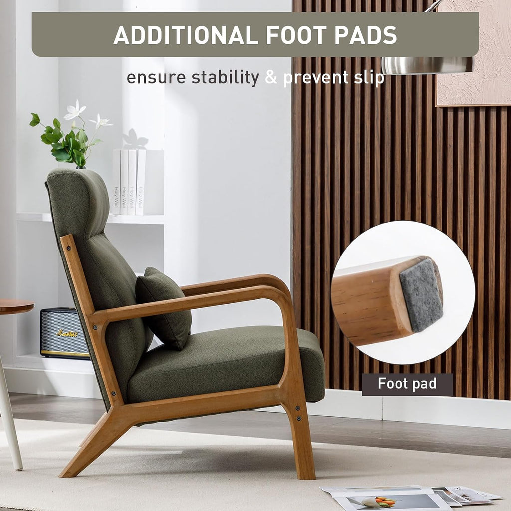 ANJ Mid Century Modern Accent Chair with High Back, Single Lounge Armchair with Solid Wood Frame, Comfy Reading Chair for Living Room, Easy Assembly