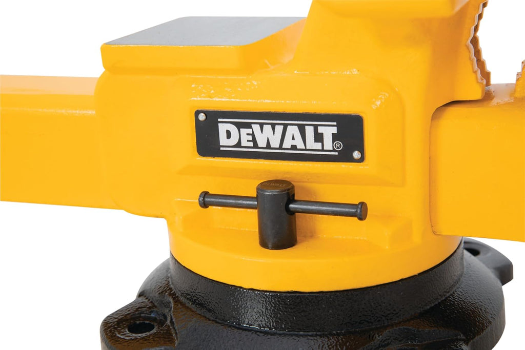 DEWALT 10-inch Jaw Width Heavy Duty Bench Vise, 10-inch Jaw Opening, 3.75-inch Throat, 360-Degree Locking Swivel Base with Anvil, Built-In Pipe Jaws