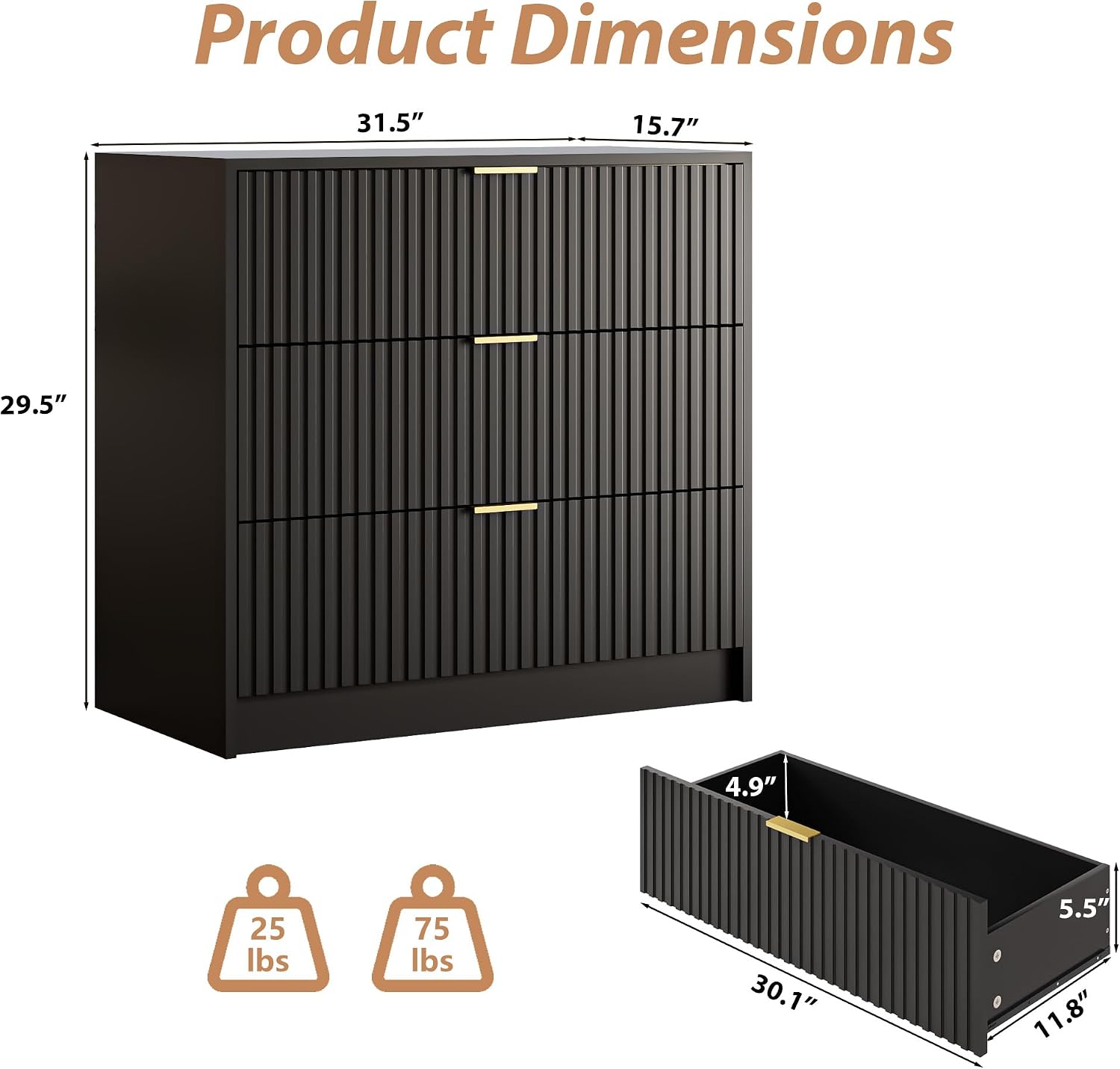 MAISONARIA Black Fluted Dresser for Bedroom, 32 Inch Wide Nightstand with Large Drawer, 3 Drawer End Table for Bedroom, Living Rooms, Offices, and Entryways