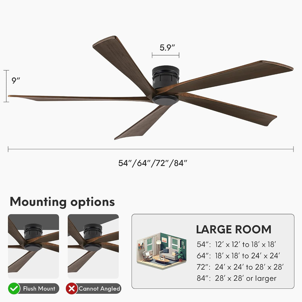 EKIZNSN 84 Inch Low Profile Flush Mount Outdoor Ceiling Fan without Light for Patios, 5 Walnut Wood Blades, 6-Gear Speed, 110V Noiseless DC Motor (Black Finish with Walnut Blades)