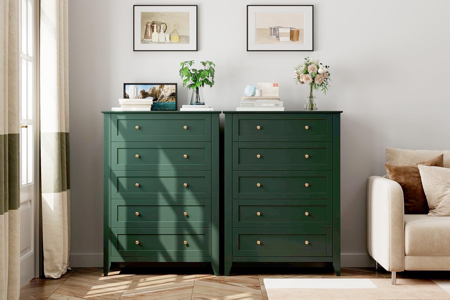 IDEALHOUSE Green 5 Drawer Dresser for Bedroom, Tall Dresser with Deep Drawers & Metal Knobs, Modern Wooden Chests of Drawers for Entryway, Hallway