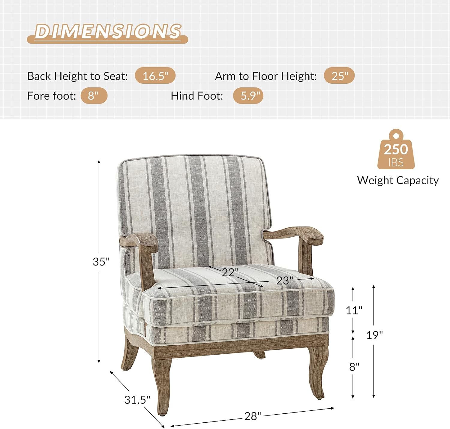 HULALA HOME Upholstered Accent Chair, Mid-Century Modern Striped Chair with Graceful Curves and Wooden Legs, Comfy Lounge Armchair Striped Accent Chairs for Living Room, Bedroom (Grey)